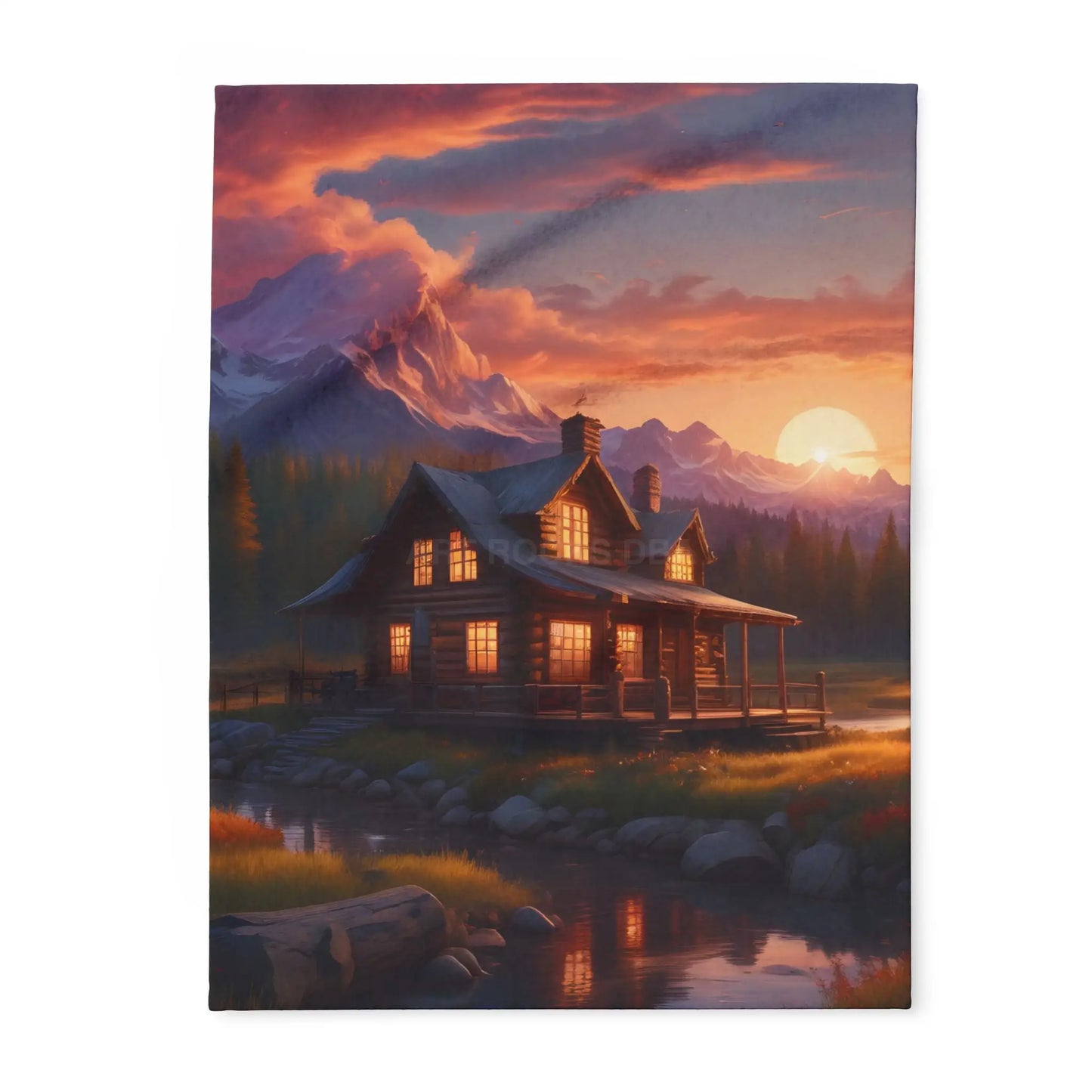 Cozy Sunset Cabin Mountain Scene Fleece Blanket | Warm Soft Throw for Home Cabin Decor Gift for Nature Lovers Camping