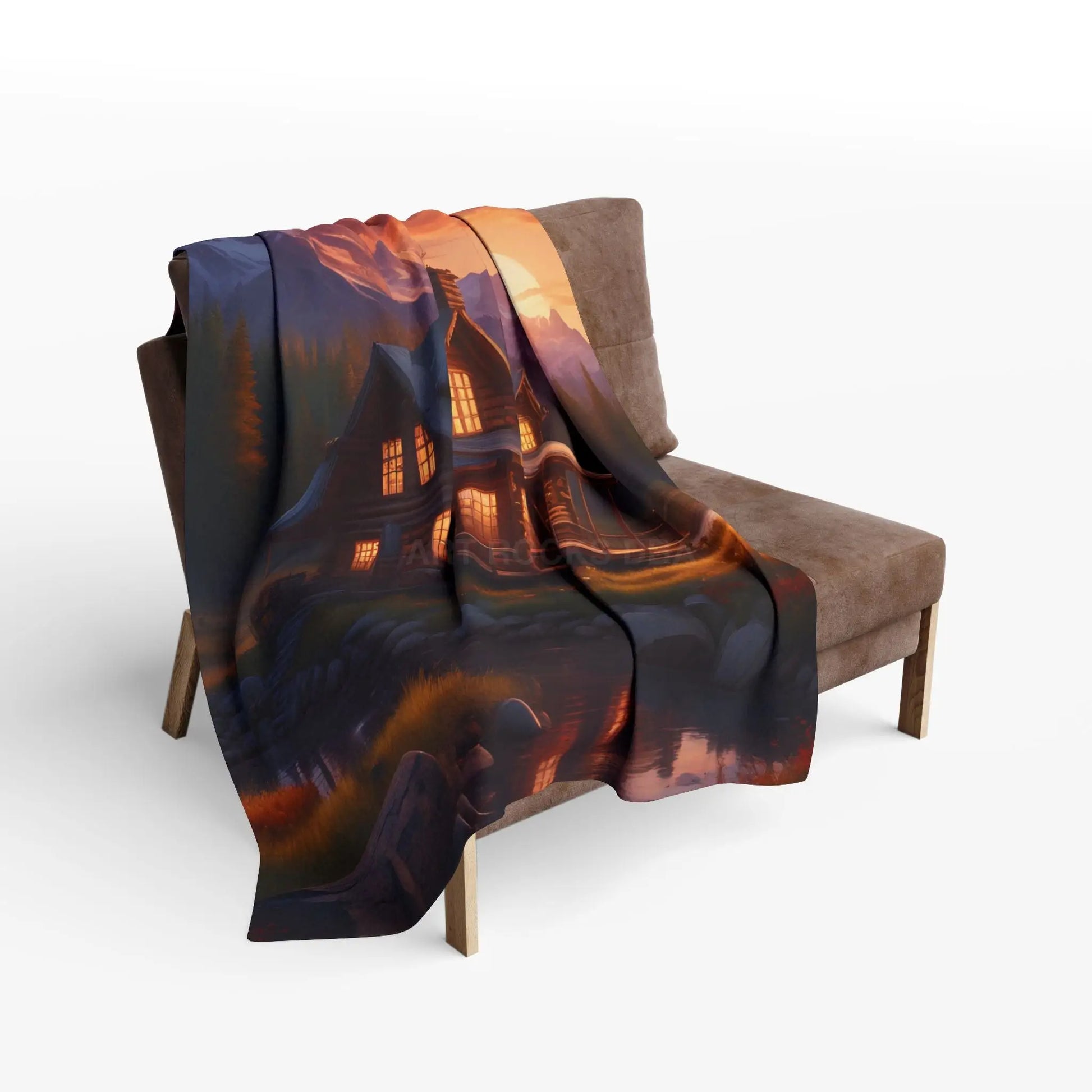 Cozy Sunset Cabin Mountain Scene Fleece Blanket | Warm Soft Throw for Home Cabin Decor Gift for Nature Lovers Camping