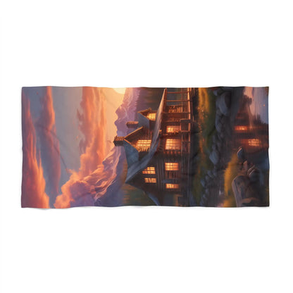Cozy Sunset Mountain Cabin Beach Towel - 36’’ × 72’’ - Home Decor