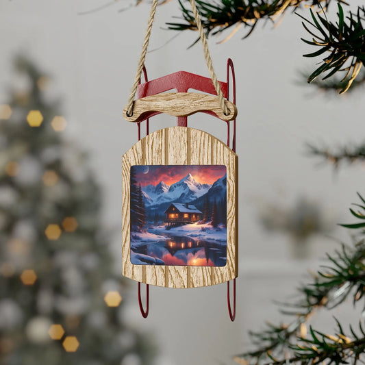 Cozy Winter Cabin Sled Ornament — Rustic Holiday Tree Decor - 2.1’’ × 4.6’’ / 1 pc - Home Decor