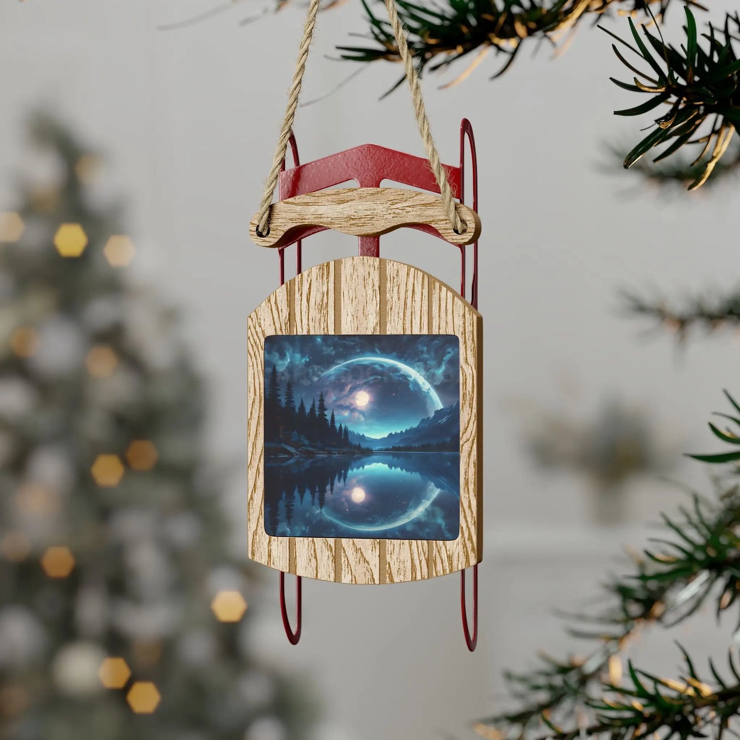 Double Full Moon Reflection on the Lake Sled Ornament - 2.1’’ × 4.6’’ / 1 pc - Home Decor