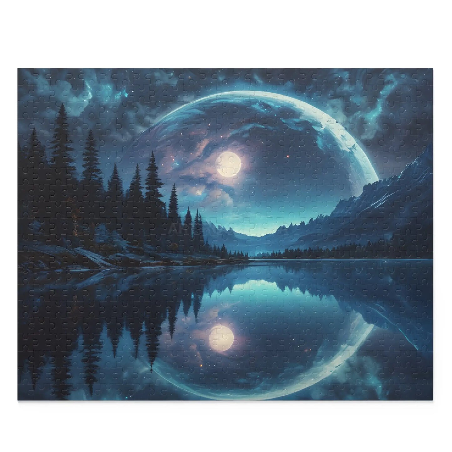 Double Moonlit Reflection Puzzle — Mystical Night Forest Jigsaw (120/252/500 pcs) - 20’’ × 16’’ (500 pcs) - Puzzle