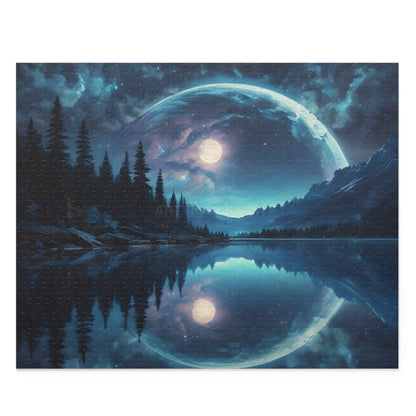 Double Moonlit Reflection Puzzle — Mystical Night Forest Jigsaw (120/252/500 pcs) - 20’’ × 16’’ (500 pcs) - Puzzle