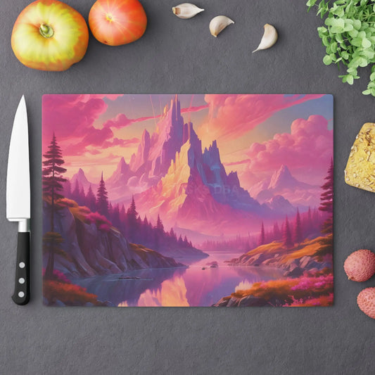 Dreamy Pink Mountain Sunset Cutting Board — Pink Fantasy Landscape Glass Board - Large - Home Decor