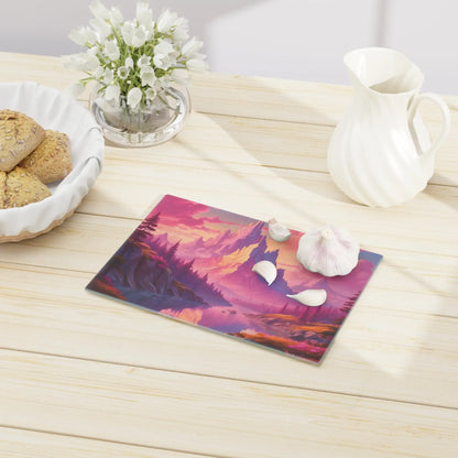 Dreamy Pink Mountain Sunset Cutting Board — Pink Fantasy Landscape Glass Board - Home Decor