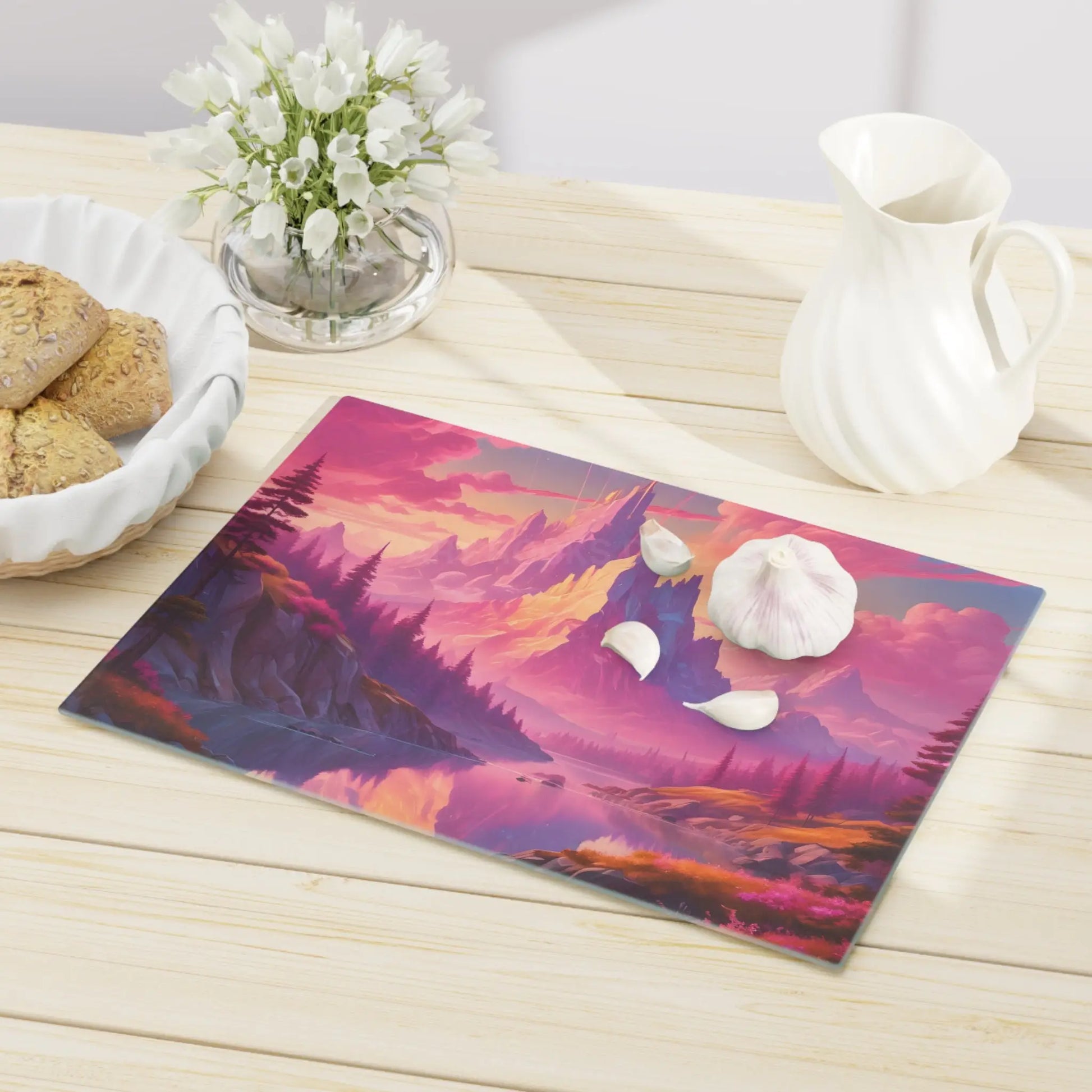 Dreamy Pink Mountain Sunset Cutting Board — Pink Fantasy Landscape Glass Board - Home Decor