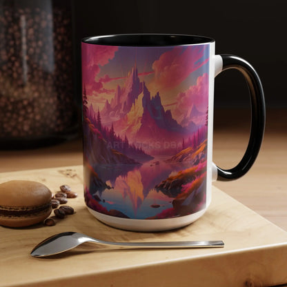 Dreamy Pink Sunset Mountain Coffee Mug — Vibrant Pink & Teal Landscape Accent Mug (11/15oz) - Mug