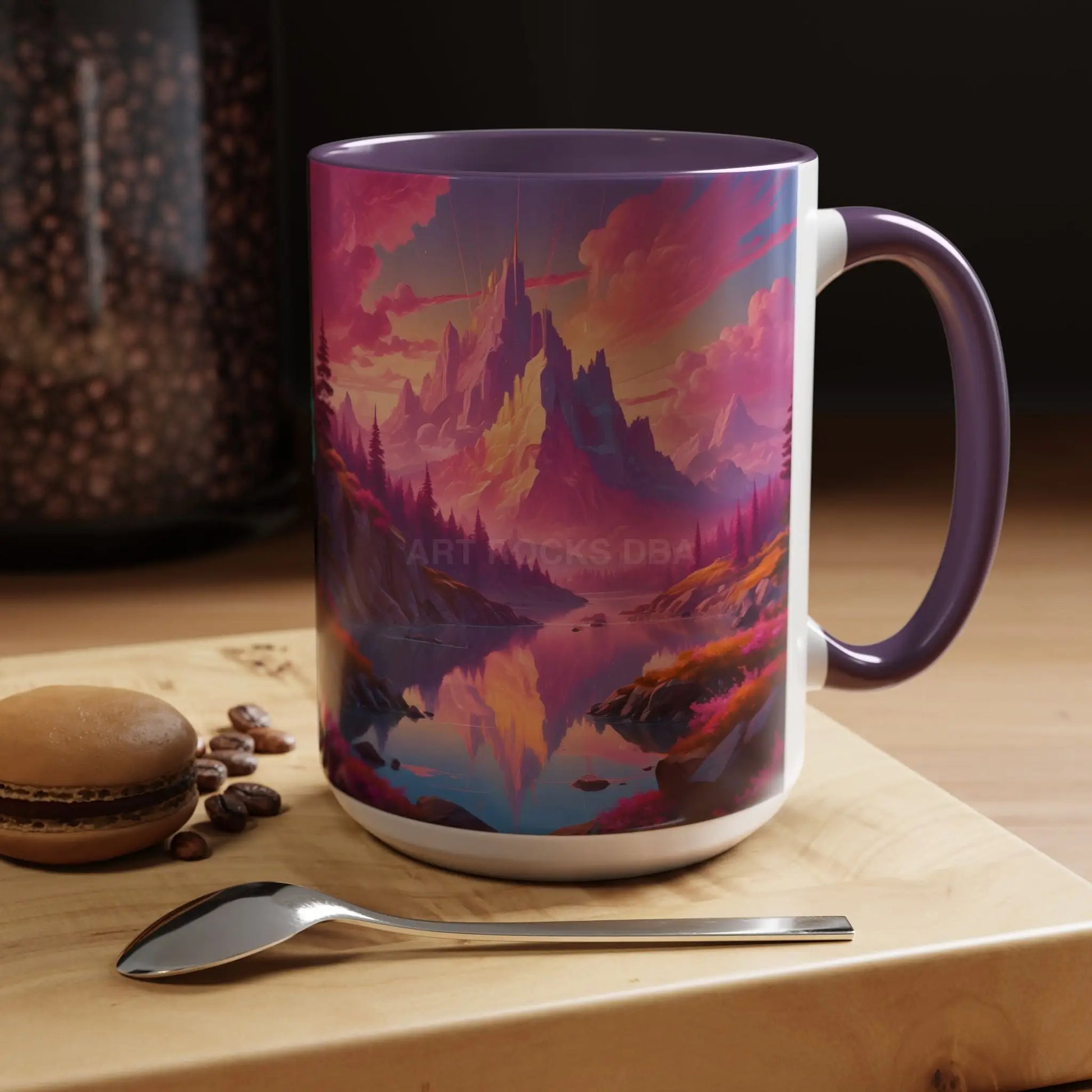 Dreamy Pink Sunset Mountain Coffee Mug — Vibrant Pink & Teal Landscape Accent Mug (11/15oz) - Mug