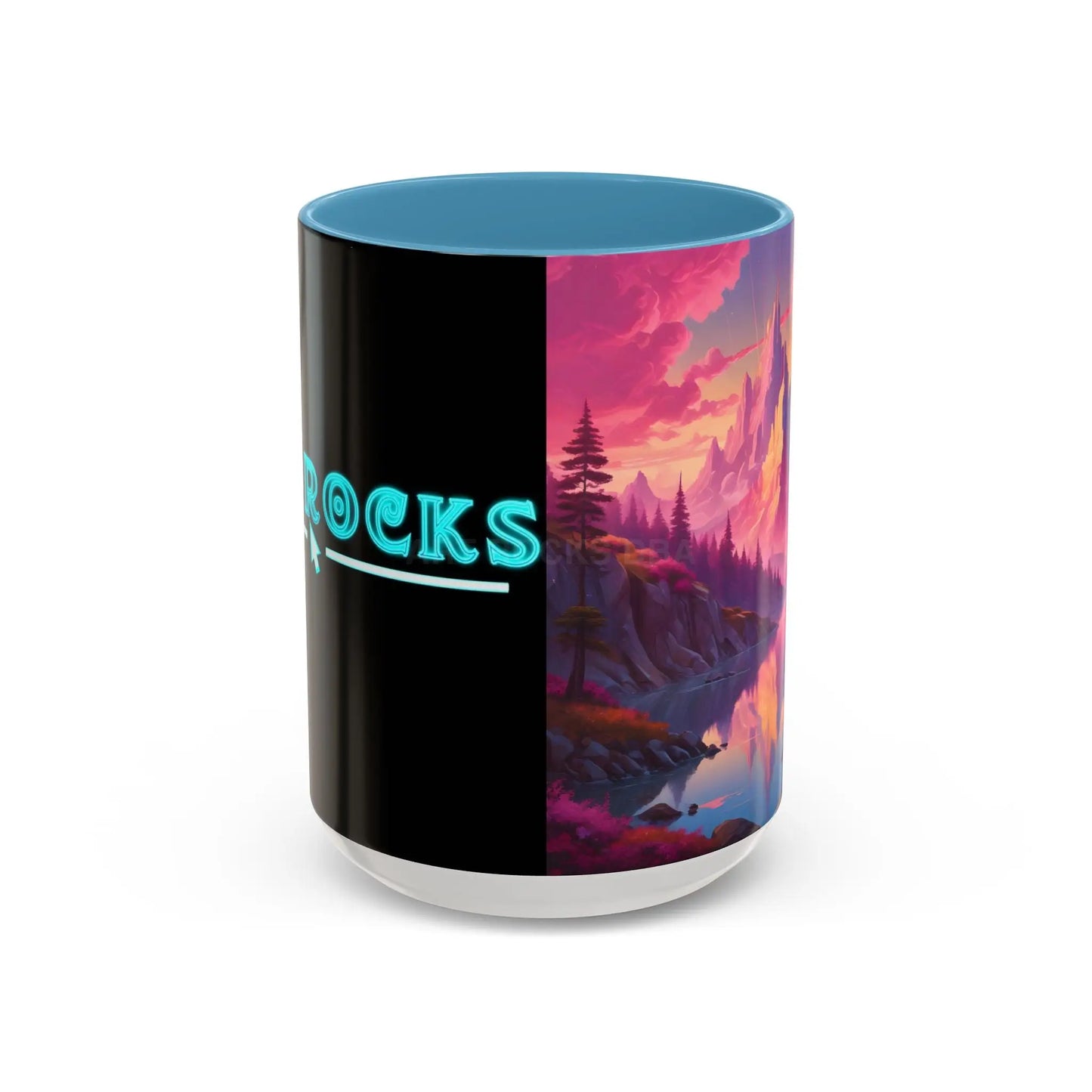 Dreamy Pink Sunset Mountain Coffee Mug — Vibrant Pink & Teal Landscape Accent Mug (11/15oz) - 15oz / Light Blue - Mug