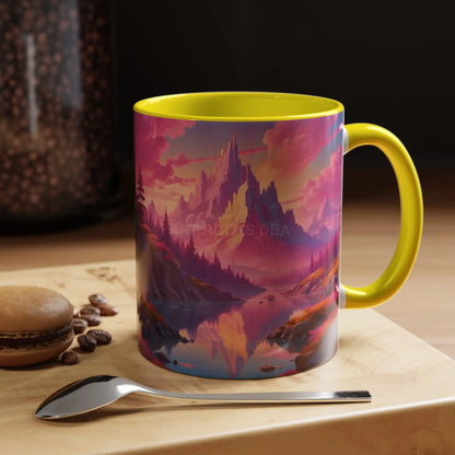 Dreamy Pink Sunset Mountain Coffee Mug — Vibrant Pink & Teal Landscape Accent Mug (11/15oz) - Mug