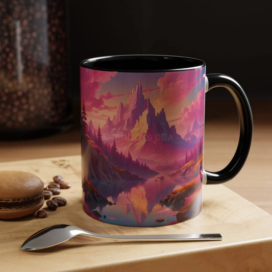 Dreamy Pink Sunset Mountain Coffee Mug — Vibrant Pink & Teal Landscape Accent Mug (11/15oz) - 11oz / Black - Mug