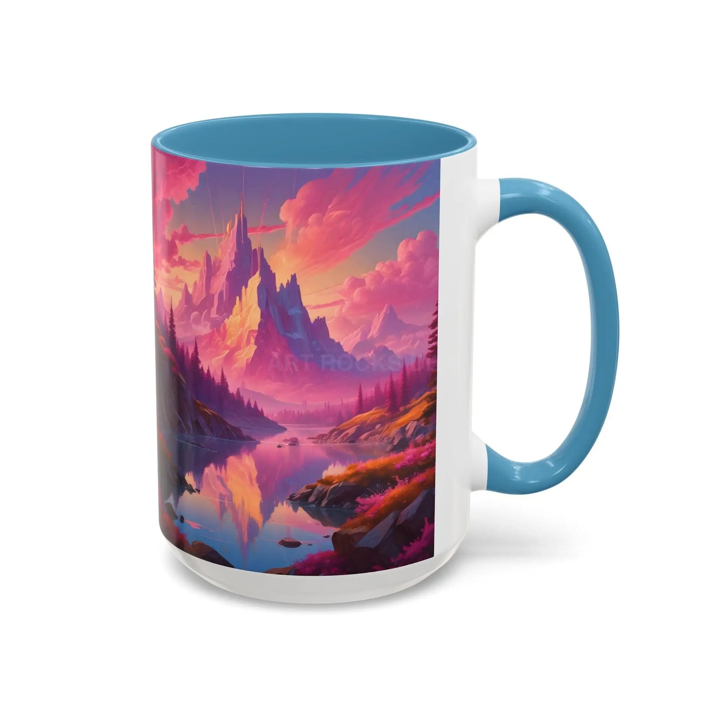 Dreamy Pink Sunset Mountain Coffee Mug — Vibrant Pink & Teal Landscape Accent Mug (11/15oz) - Mug