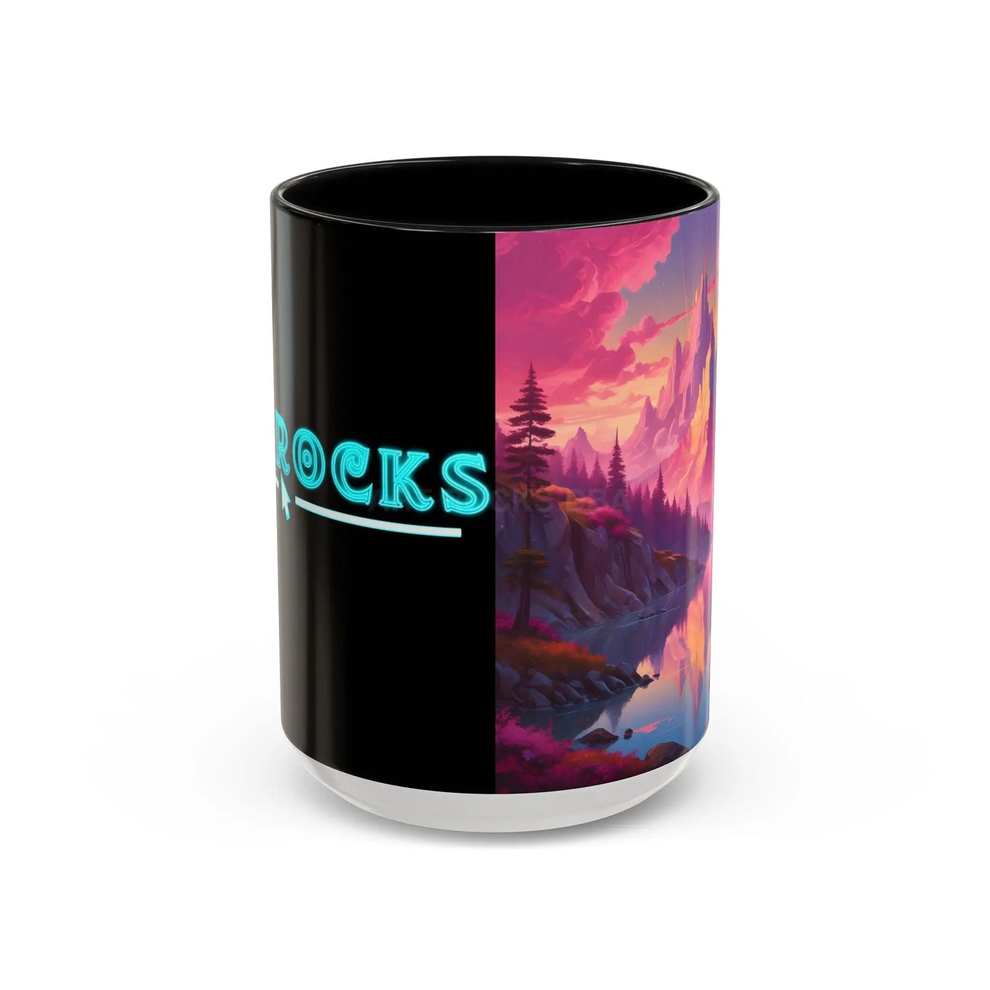 Dreamy Pink Sunset Mountain Coffee Mug — Vibrant Pink & Teal Landscape Accent Mug (11/15oz) - 15oz / Black - Mug