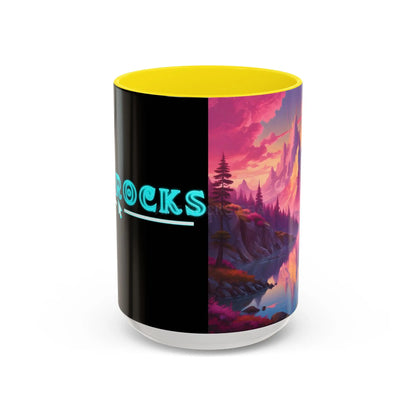 Dreamy Pink Sunset Mountain Coffee Mug — Vibrant Pink & Teal Landscape Accent Mug (11/15oz) - 15oz / Yellow - Mug