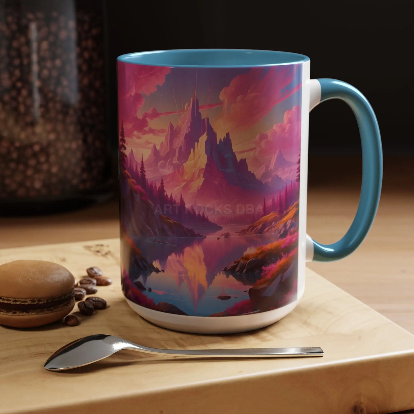 Dreamy Pink Sunset Mountain Coffee Mug — Vibrant Pink & Teal Landscape Accent Mug (11/15oz) - Mug