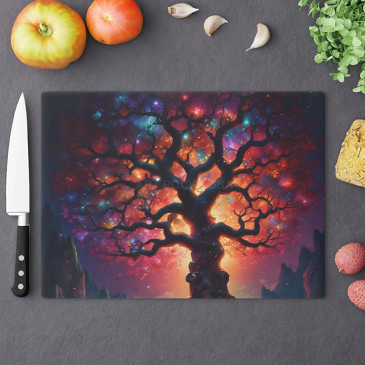 Enchanted Crystal Tree of Life Glass Cutting Board — Colorful Cosmic Tree Kitchen Decor - Large - Home Decor