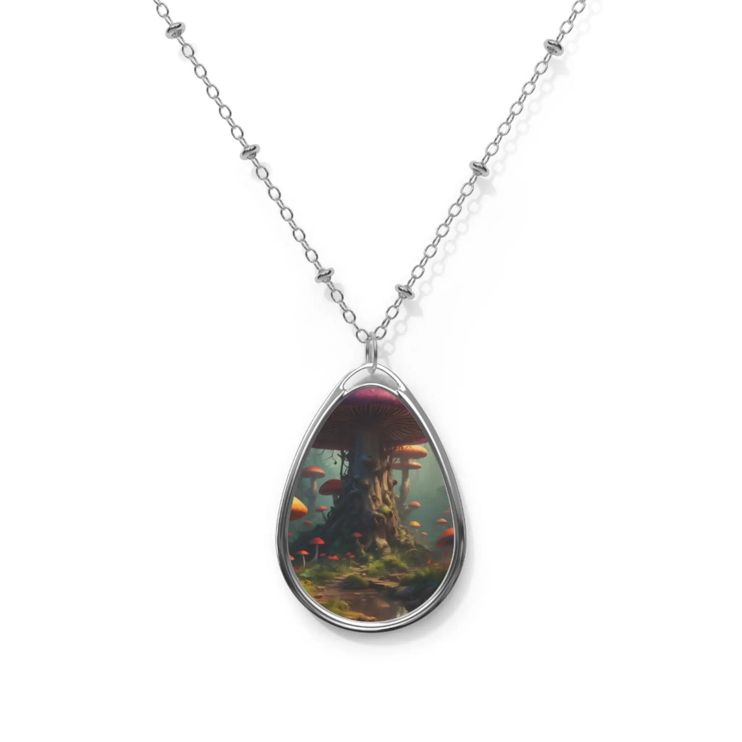 Enchanted Mushroom Oval Necklace — Fantasy Teardrop Pendant - One Size / Silver - Accessories