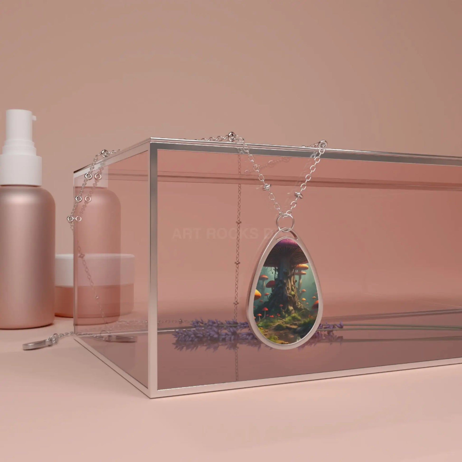 Enchanted Mushroom Oval Necklace — Fantasy Teardrop Pendant - One Size / Silver - Accessories