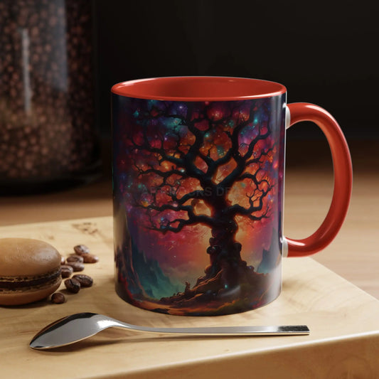 Enchanting Tree of Life Accent Coffee Mug — Vibrant Fantasy Sunset Design (11/15oz) - 11oz / Red - Mug
