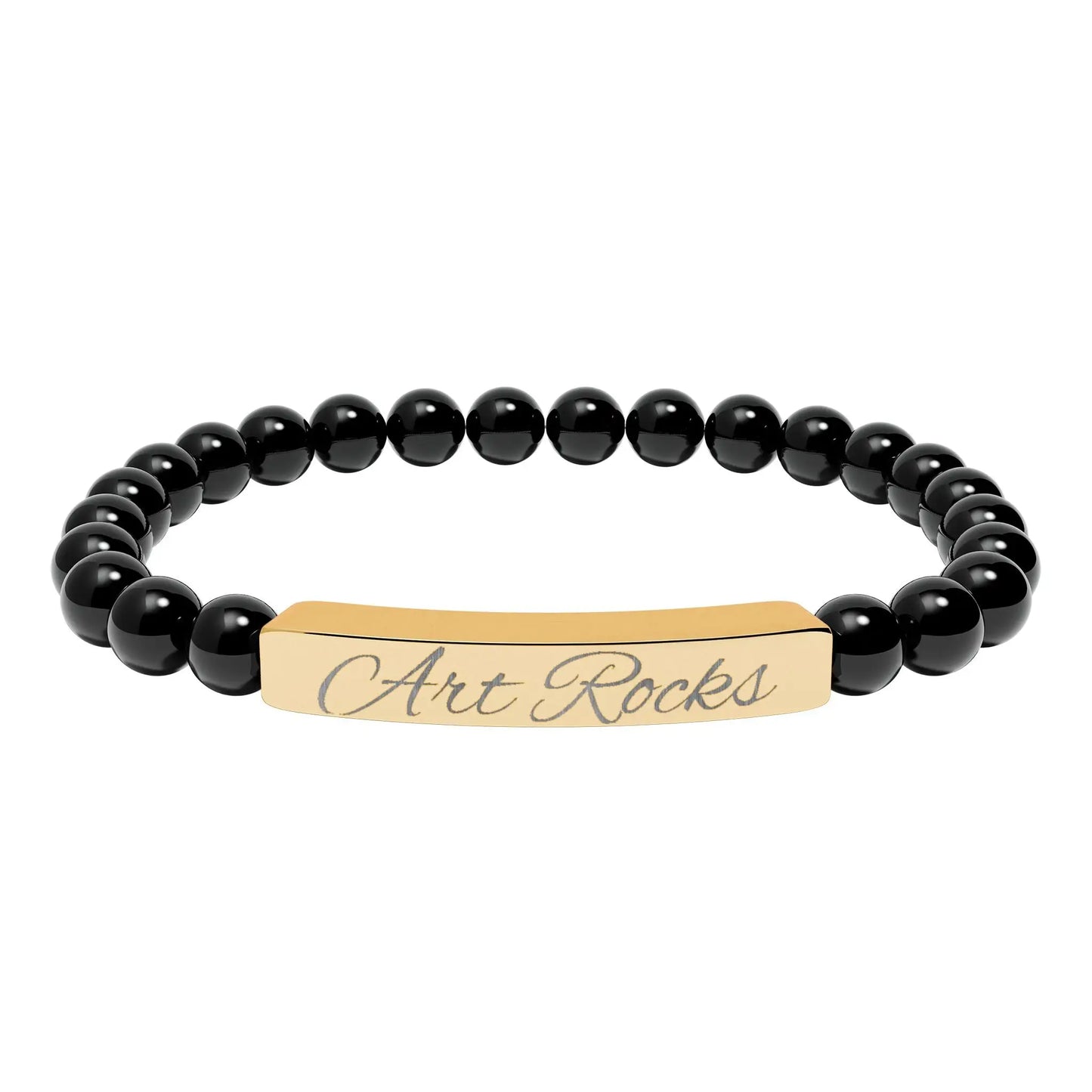 Engraved ’Art Rocks’ Natural Stone Stretch Bracelet - 18K Gold PVD coating / Onyx / One Size - Accessories