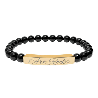 Engraved ’Art Rocks’ Natural Stone Stretch Bracelet - 18K Gold PVD coating / Onyx / One Size - Accessories
