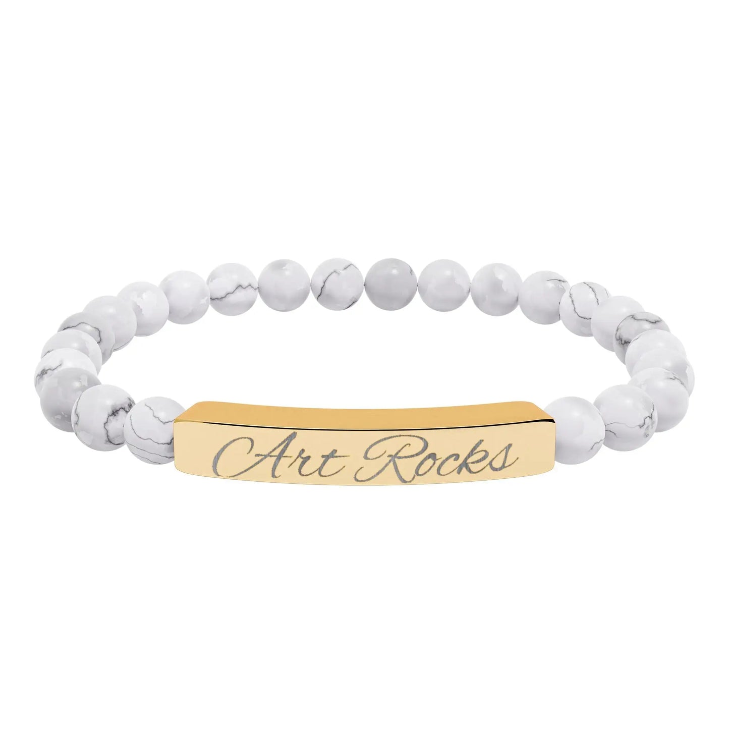 Engraved ’Art Rocks’ Natural Stone Stretch Bracelet - 18K Gold PVD coating / Howlite / One Size - Accessories