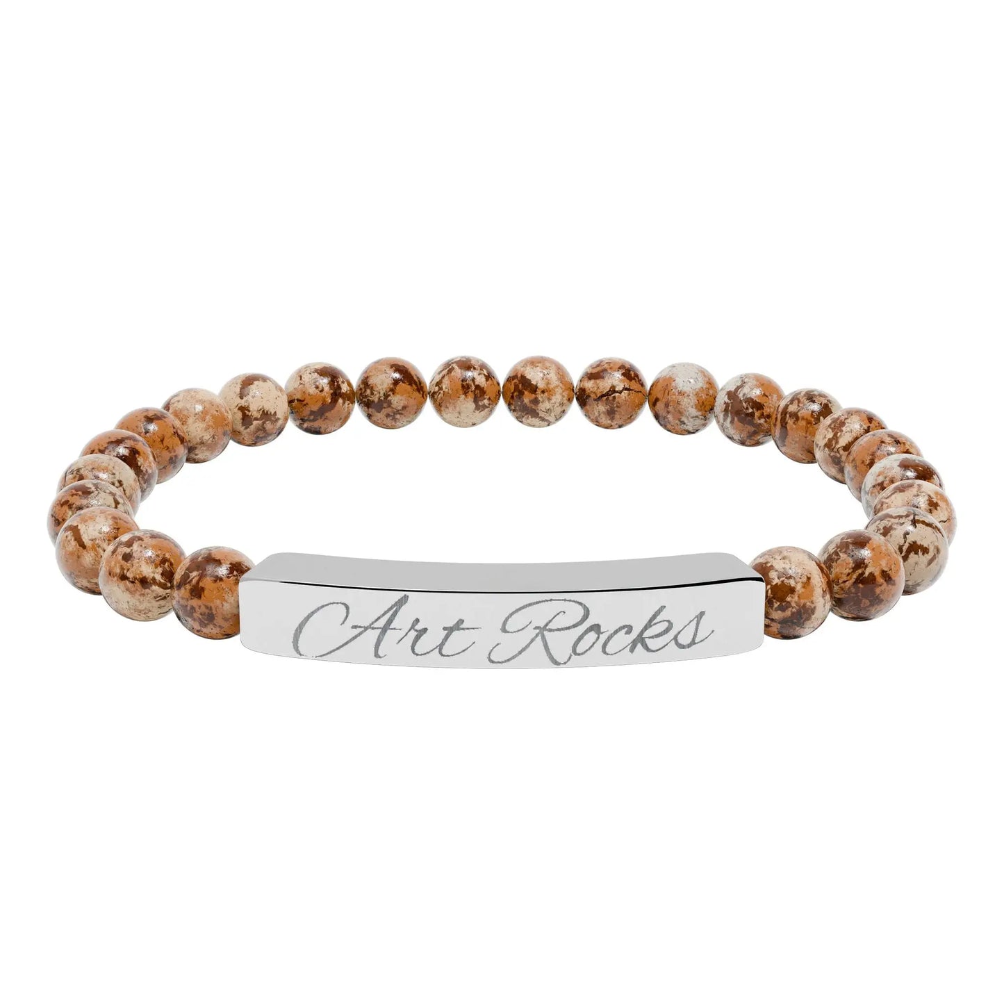 Engraved ’Art Rocks’ Natural Stone Stretch Bracelet - Stainless Steel (No coating) / Picture Jasper / One Size