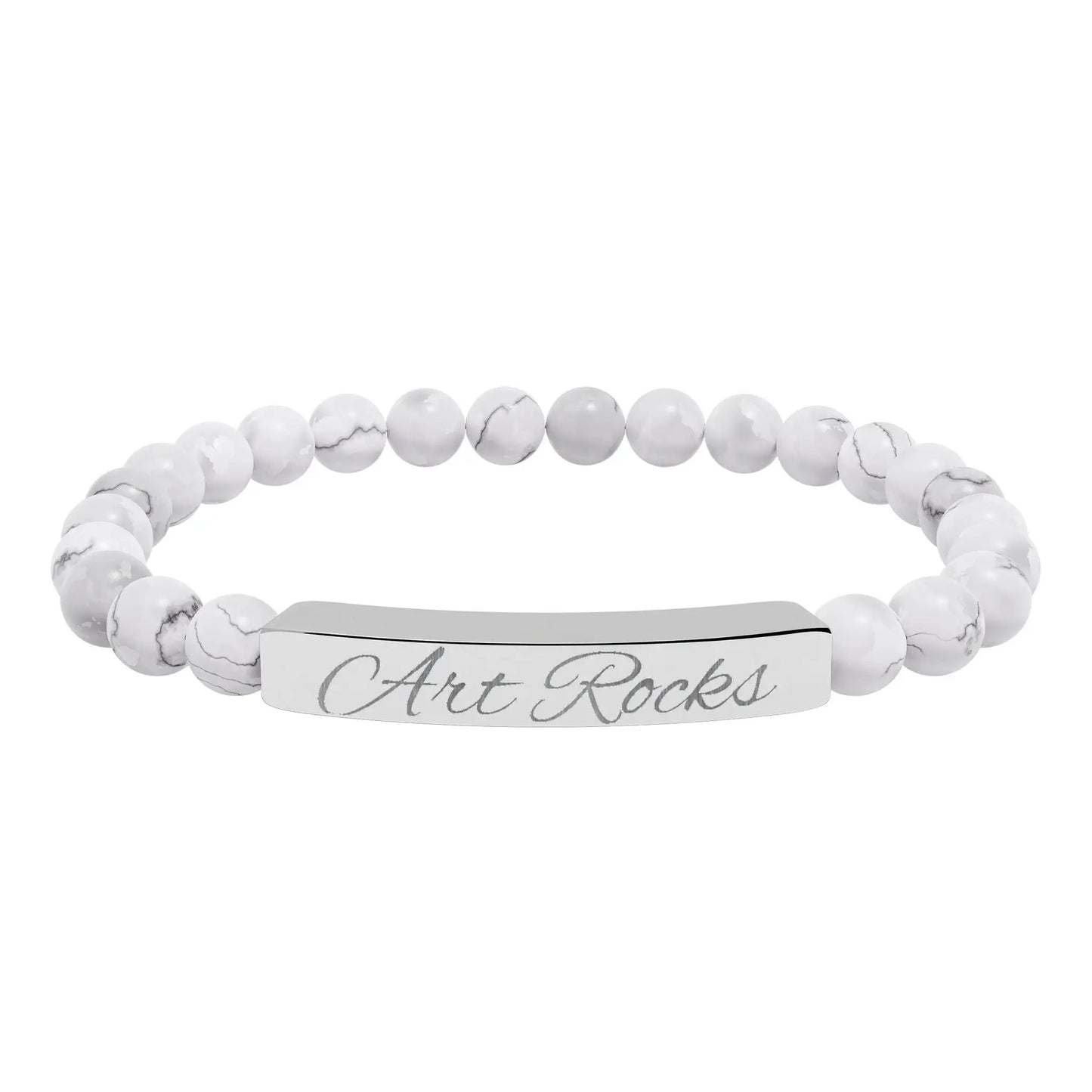 Engraved ’Art Rocks’ Natural Stone Stretch Bracelet - Stainless Steel (No coating) / Howlite / One Size - Accessories