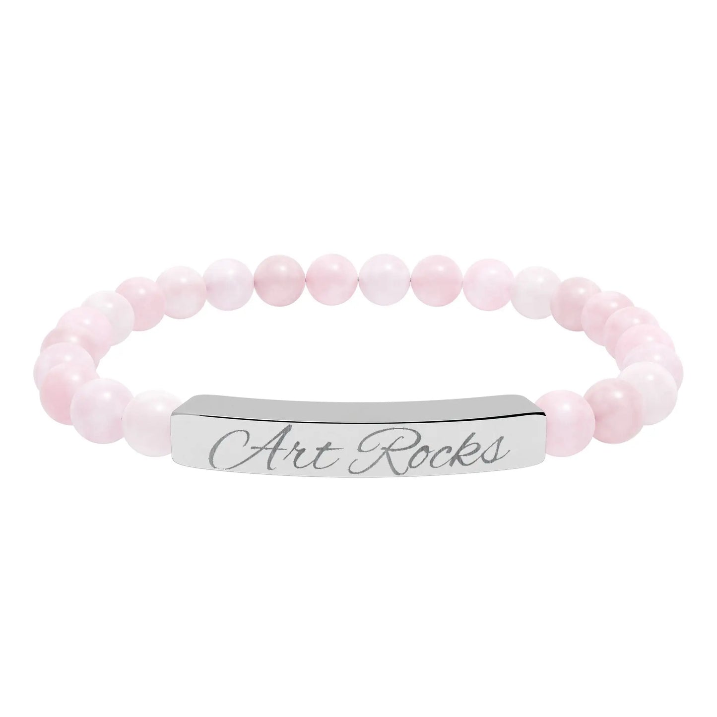 Engraved ’Art Rocks’ Natural Stone Stretch Bracelet - Stainless Steel (No coating) / Rose Quartz / One Size