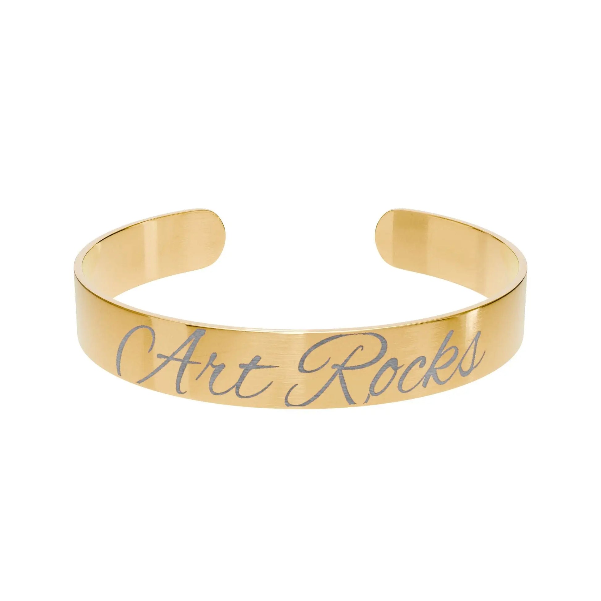 Engraved Gold Cuff Bracelet — ’Art Rocks’ Personalized Metal Bangle - One Size / 18K Gold PVD coating - Accessories