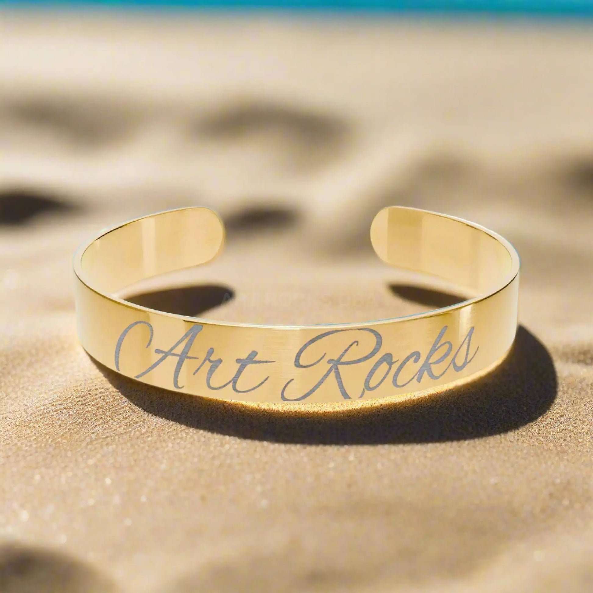 Engraved Gold Cuff Bracelet — ’Art Rocks’ Personalized Metal Bangle - One Size / 18K Gold PVD coating - Accessories