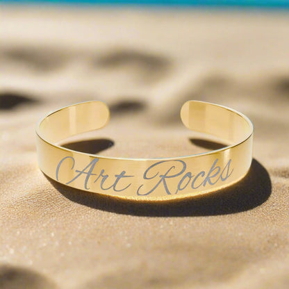 Engraved Gold Cuff Bracelet — ’Art Rocks’ Personalized Metal Bangle - One Size / 18K Gold PVD coating - Accessories