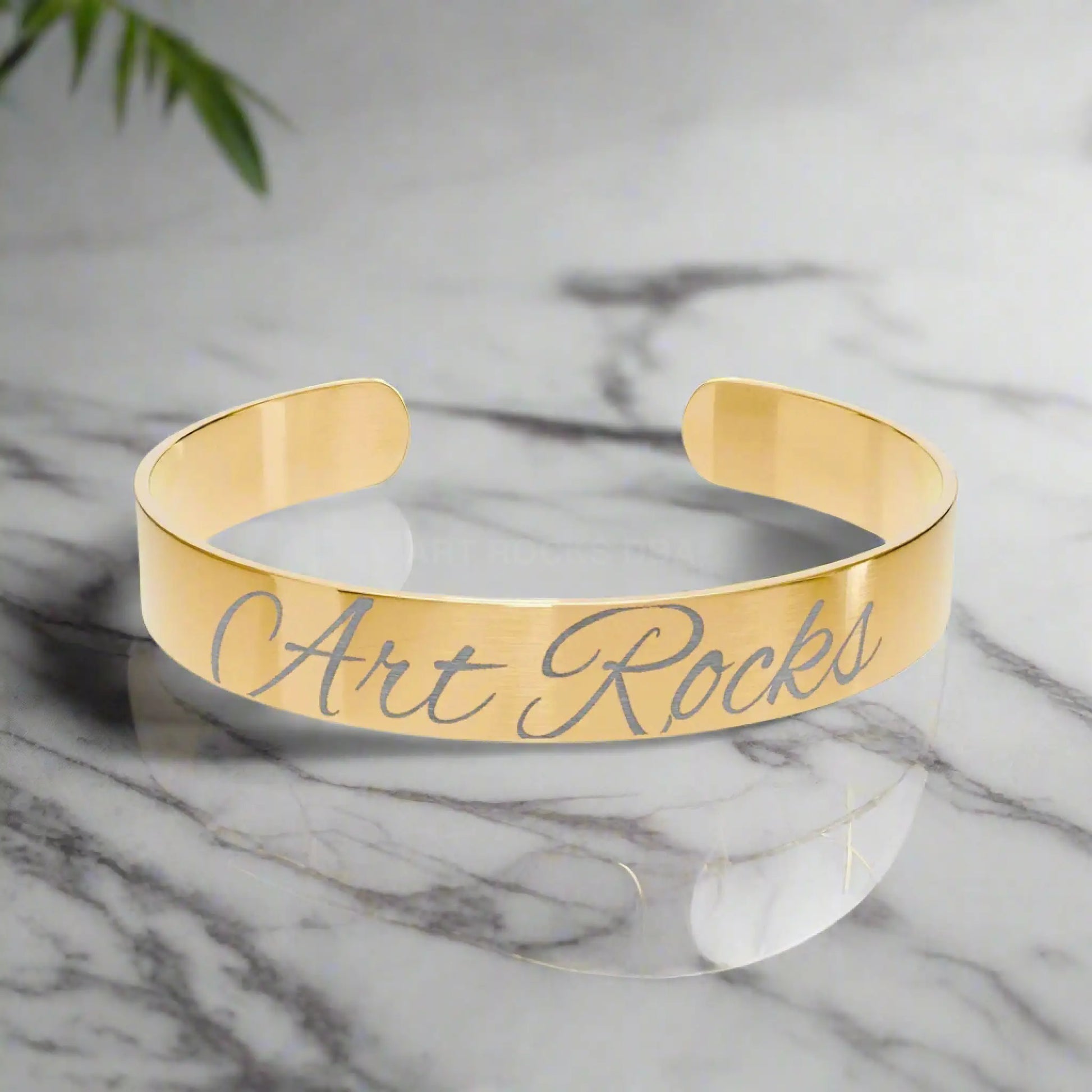 Engraved Gold Cuff Bracelet — ’Art Rocks’ Personalized Metal Bangle - One Size / 18K Gold PVD coating - Accessories