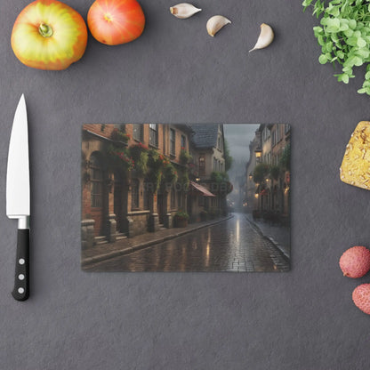 European Street Scene Cutting Board — Vintage Rainy Village Kitchen Decor - Home Decor