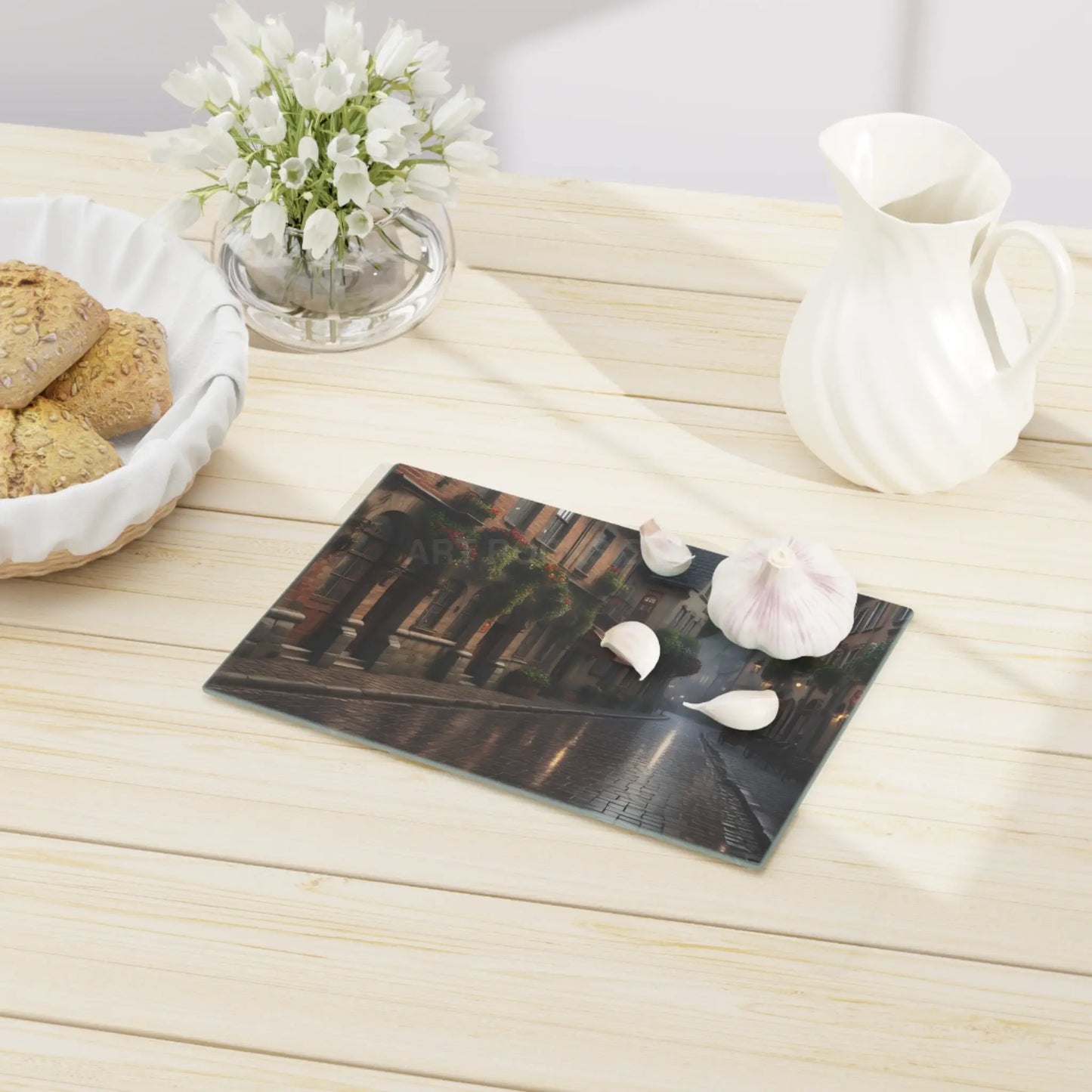 European Street Scene Cutting Board — Vintage Rainy Village Kitchen Decor - Home Decor