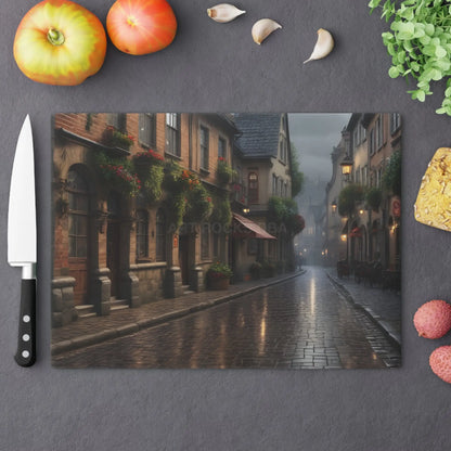 European Street Scene Cutting Board — Vintage Rainy Village Kitchen Decor - Large - Home Decor