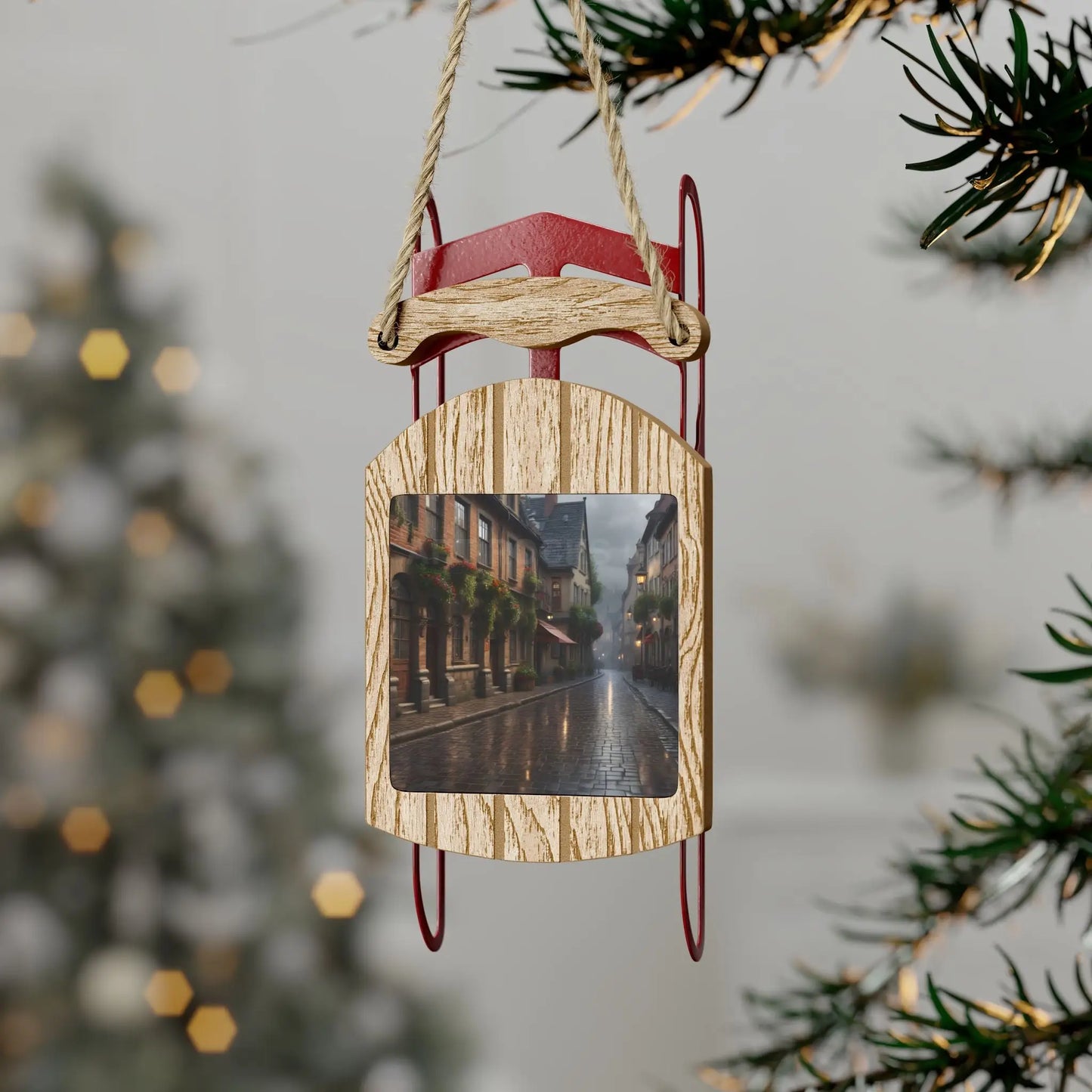 European Streets After Rain Sled Ornament — Scenic Holiday Decor - 2.1’’ × 4.6’’ / 1 pc - Home Decor