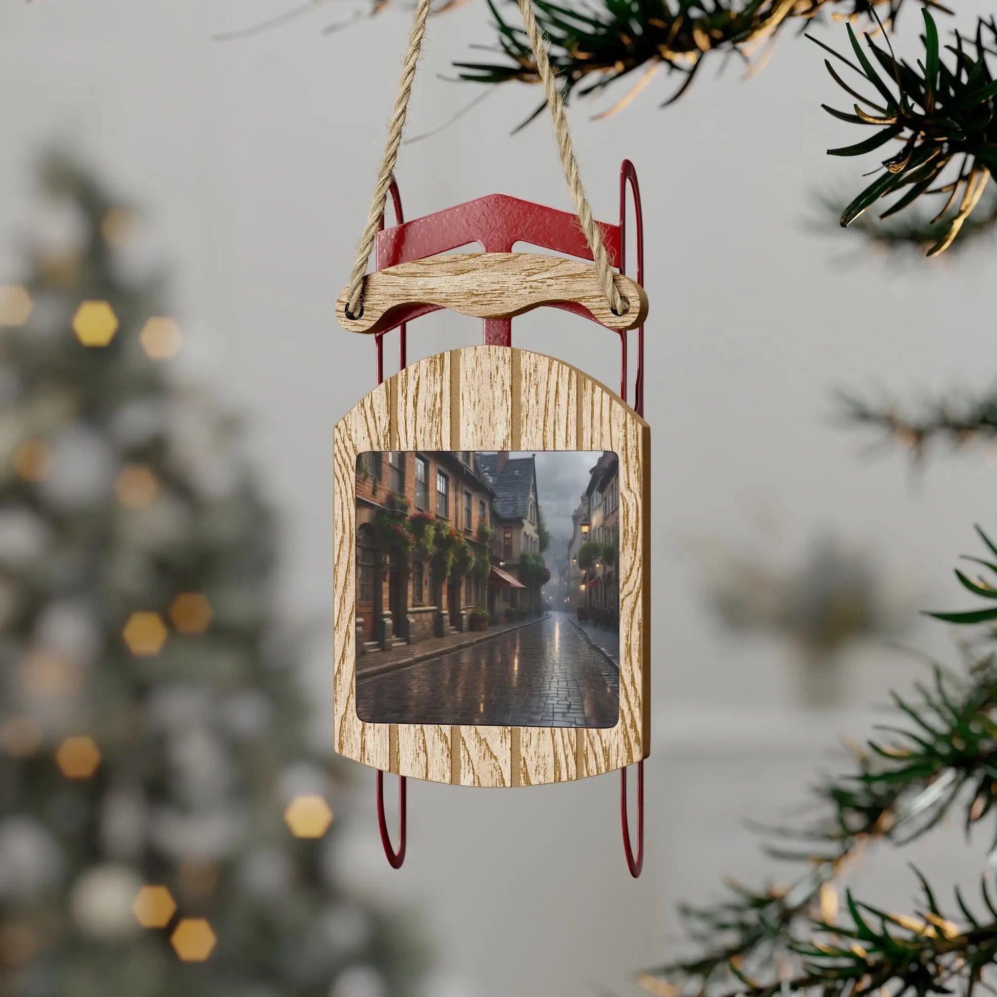 European Streets After Rain Sled Ornament — Scenic Holiday Decor - 2.1’’ × 4.6’’ / 1 pc - Home Decor