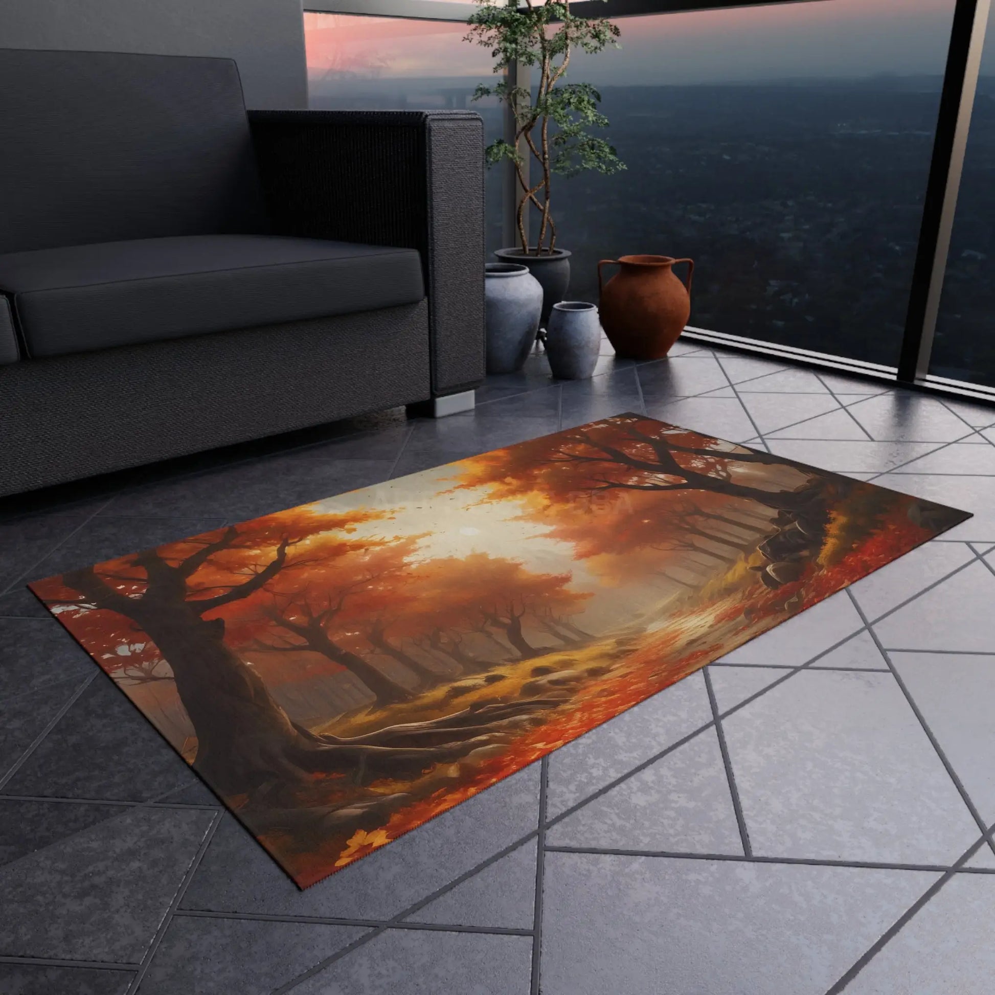 Fall Forest Outdoor Rug | Cozy Patio Decor Autumn Welcome Mat Garden Area Rug Boho Home Accent Seasonal Outdoor Decor