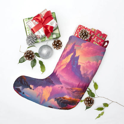 Fantasy Mountain Christmas Stocking — Pink Sunset Castle Holiday Stocking - One size - Home Decor