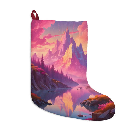Fantasy Mountain Christmas Stocking — Pink Sunset Castle Holiday Stocking - One size - Home Decor