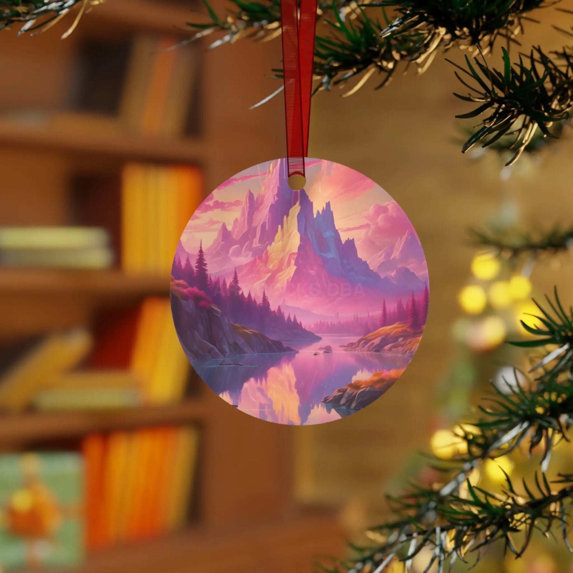 Fantasy Mountain Sunset Metal Ornament — Scenic Landscape Holiday Decoration - Home Decor