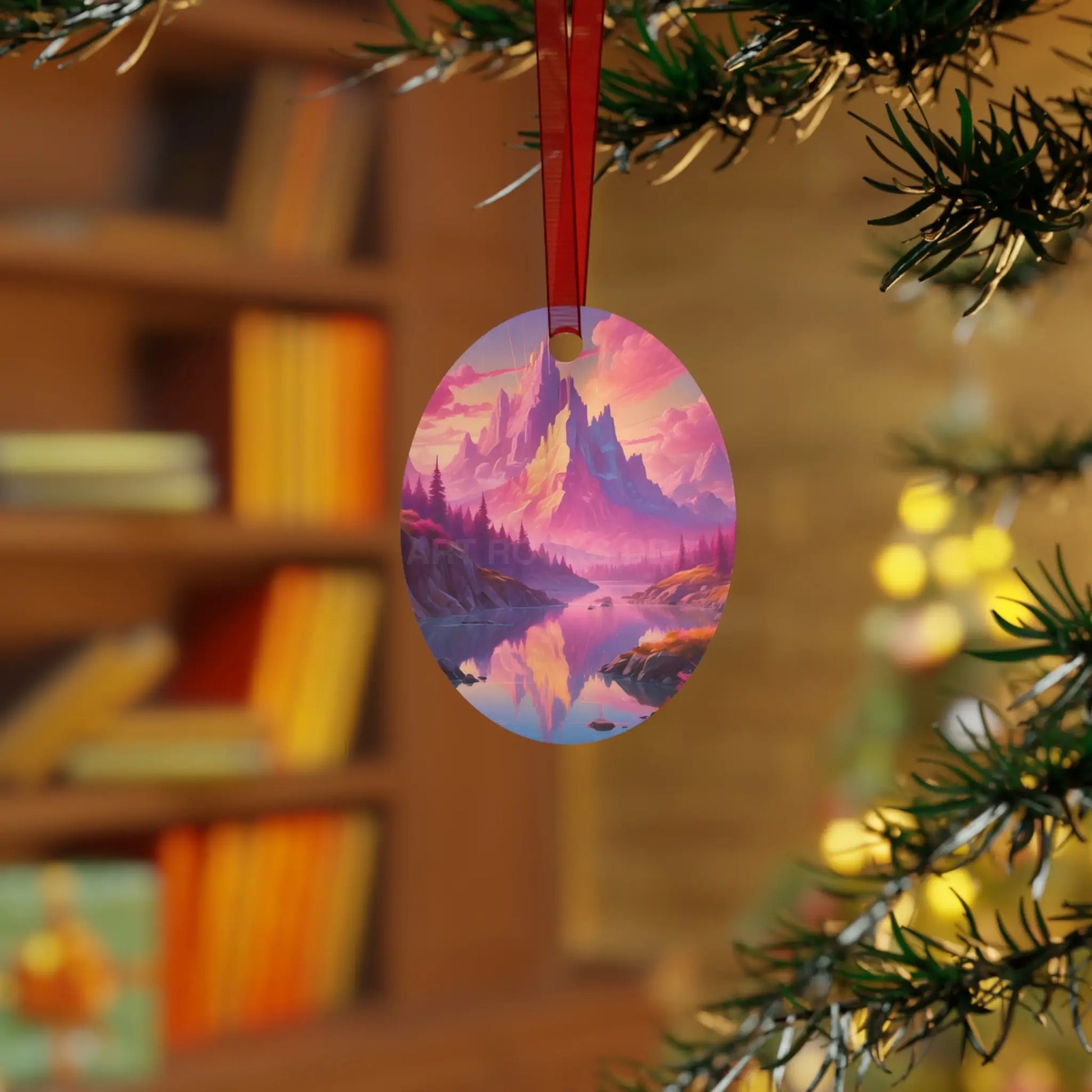 Fantasy Mountain Sunset Metal Ornament — Scenic Landscape Holiday Decoration - Home Decor
