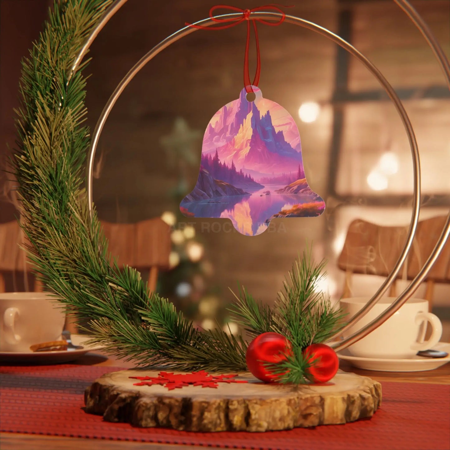 Fantasy Mountain Sunset Metal Ornament — Scenic Landscape Holiday Decoration - Home Decor