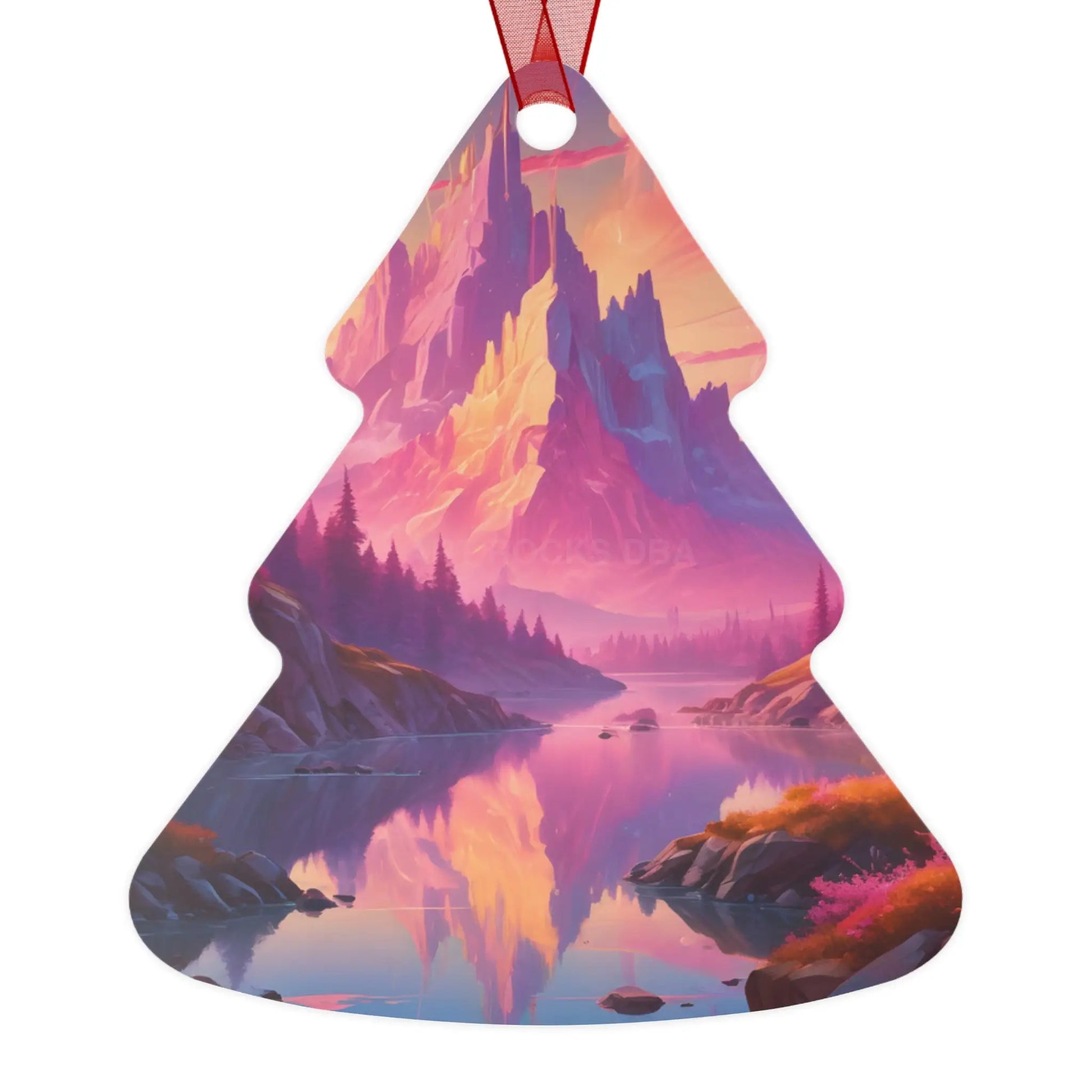 Fantasy Mountain Sunset Metal Ornament — Scenic Landscape Holiday Decoration - Home Decor
