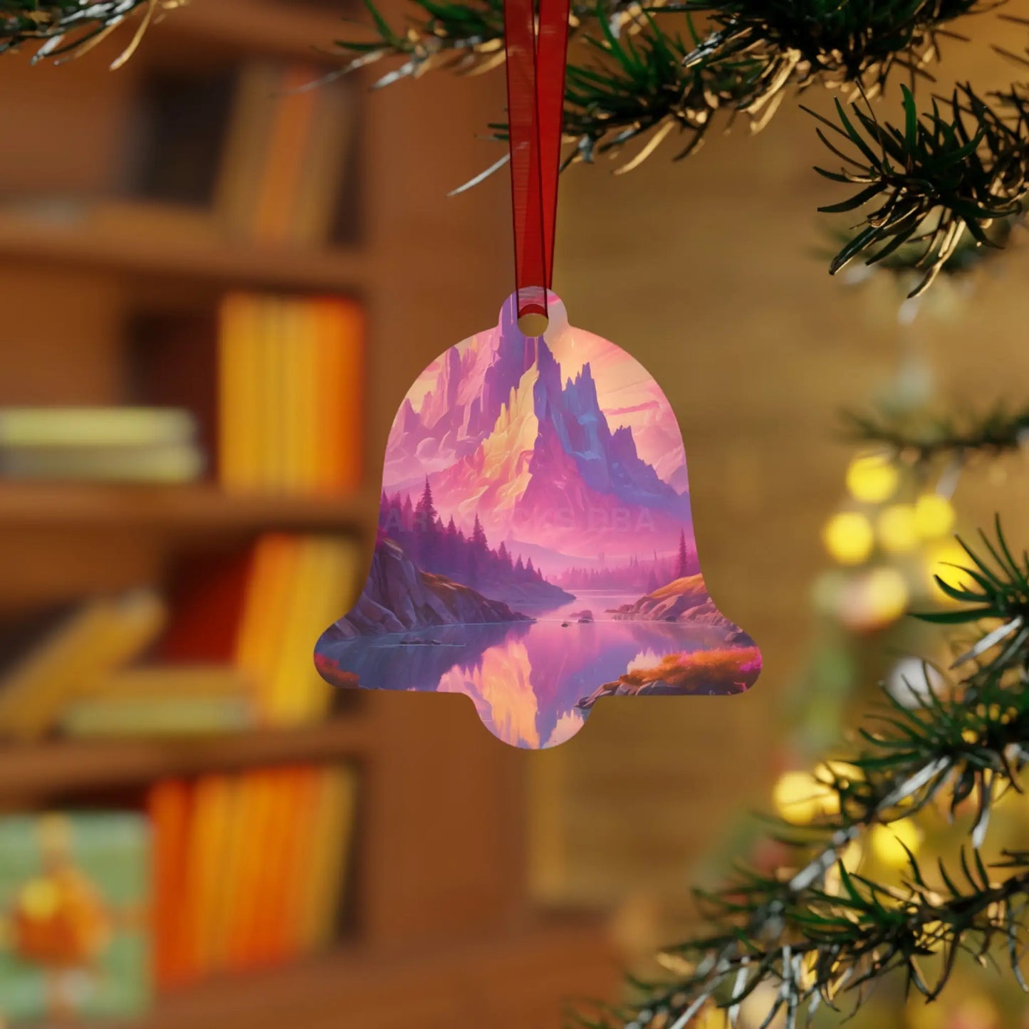 Fantasy Mountain Sunset Metal Ornament — Scenic Landscape Holiday Decoration - Home Decor