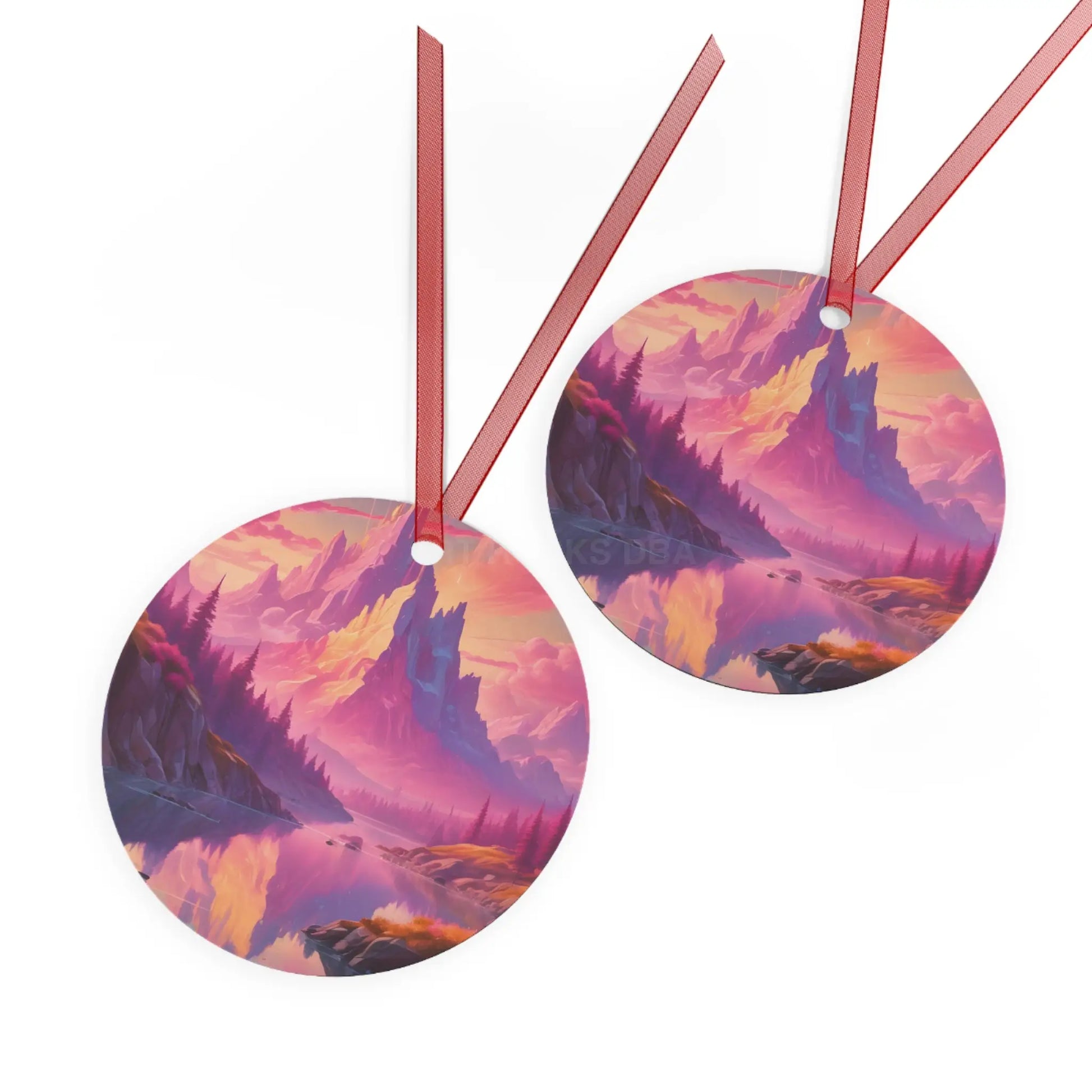 Fantasy Mountain Sunset Metal Ornament — Scenic Landscape Holiday Decoration - Home Decor