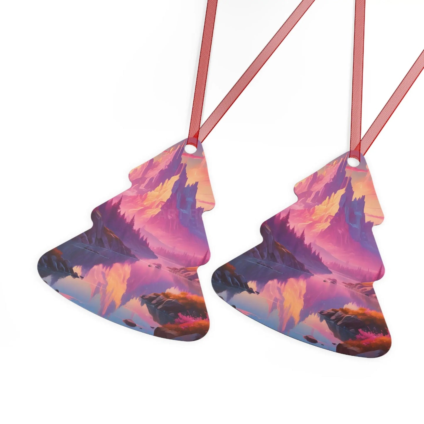 Fantasy Mountain Sunset Metal Ornament — Scenic Landscape Holiday Decoration - Home Decor