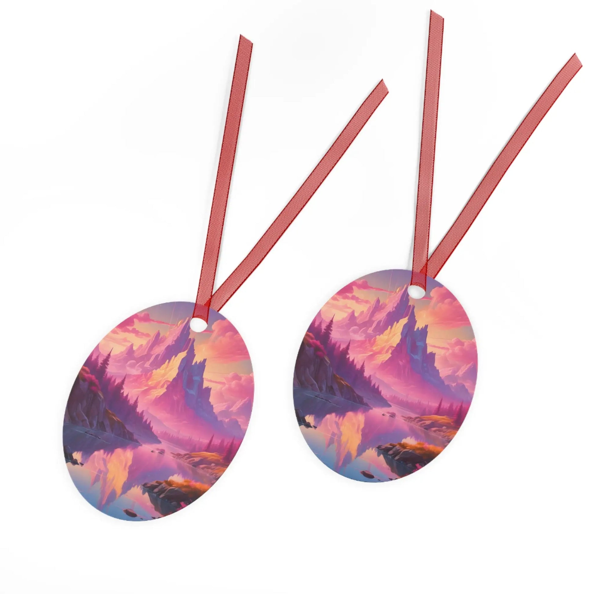 Fantasy Mountain Sunset Metal Ornament — Scenic Landscape Holiday Decoration - Home Decor