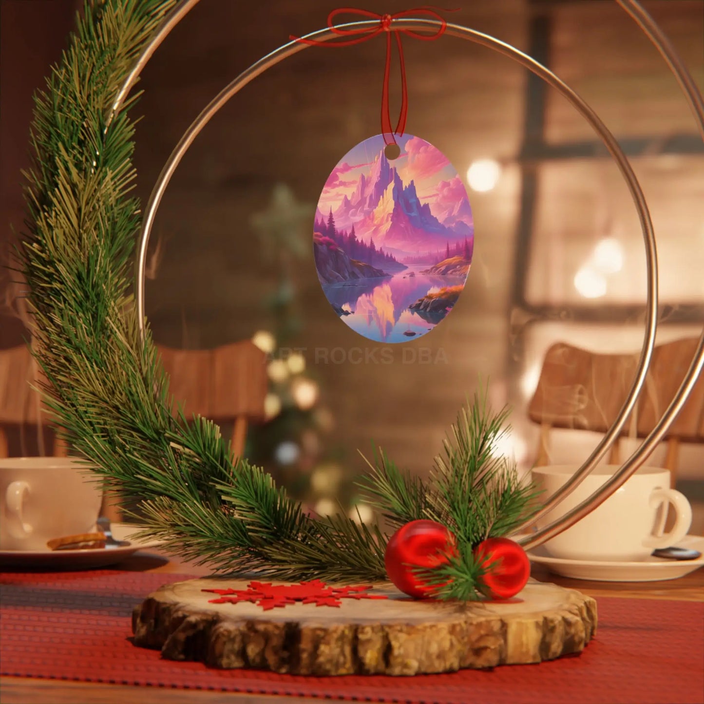 Fantasy Mountain Sunset Metal Ornament — Scenic Landscape Holiday Decoration - Home Decor